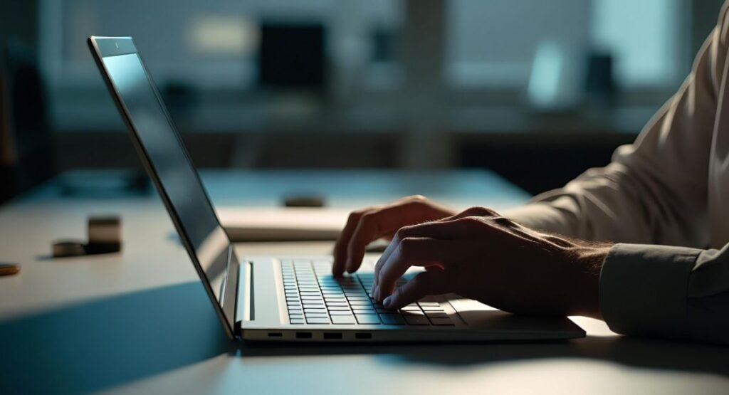 Microsoft Surface Laptop on a clean desk showing a troubleshooting screen, representing a Surface Laptop keyboard not working issue and common repair solutions.
