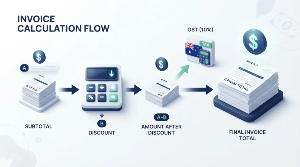 Australian invoice calculation showing discount GST and final total