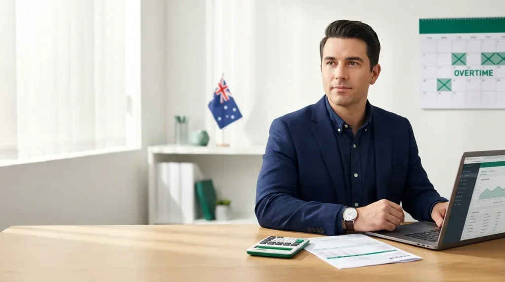Australian worker calculating overtime pay and extra earnings using a calculator and payslip.